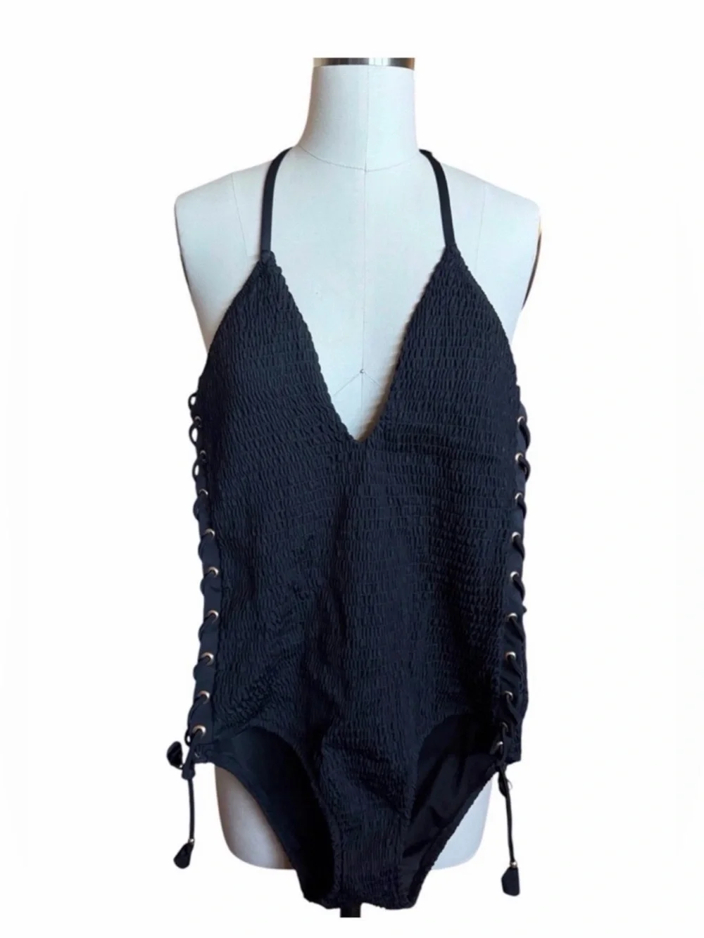 Victoria's Secret Black Lace-Up Halter One-Piece Swimsuit